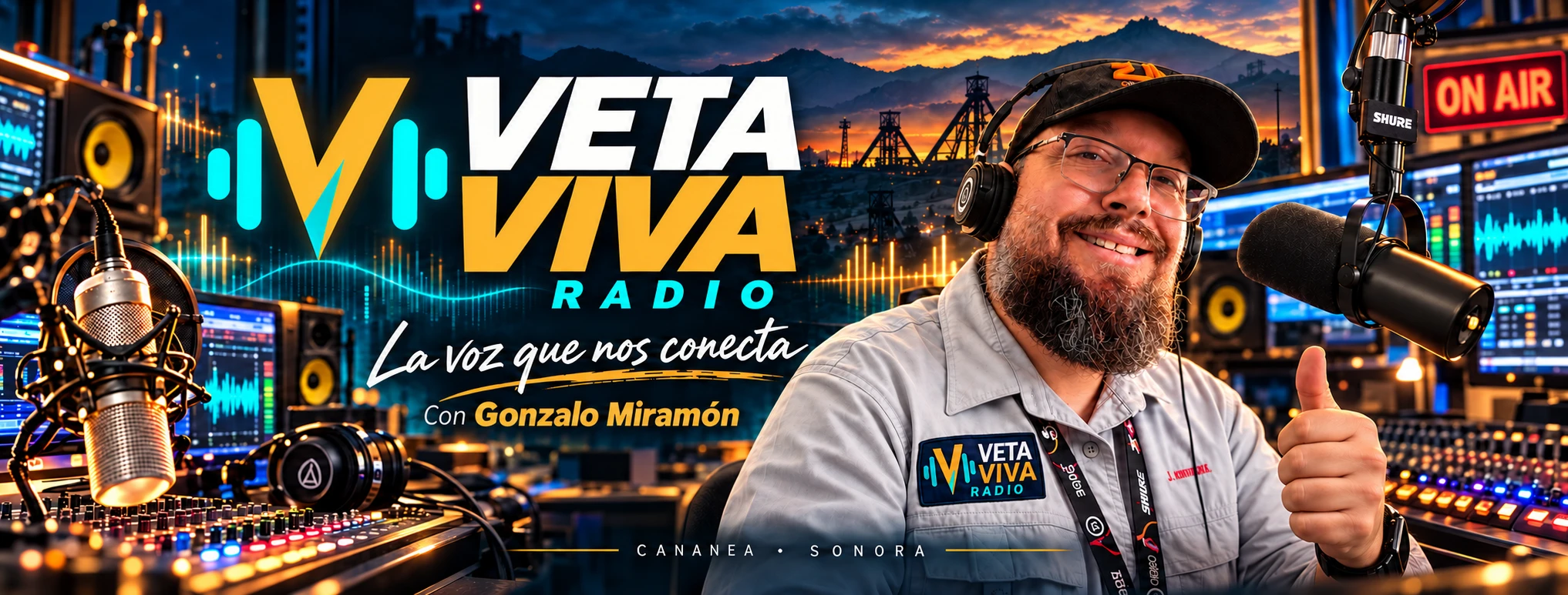 Arte promocional de Gonzalo Miramón con audífonos y el pulgar arriba en la identidad visual de Veta Viva Radio.